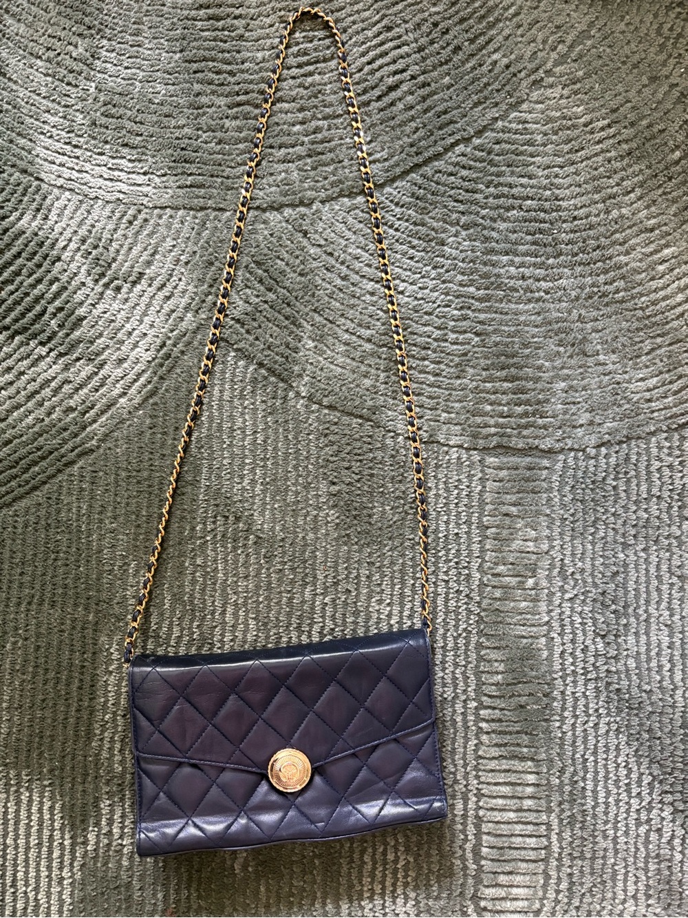 St. John Quilted Navy Crossbody Bag with Gold Chain and Medallion Detail